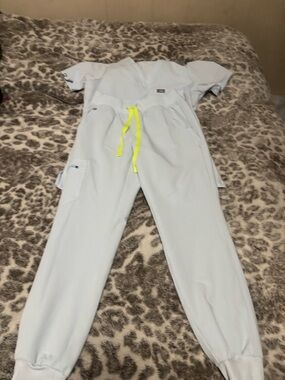 Figs Women's Light Blue Scrubs Set with Neon Yellow Drawstring